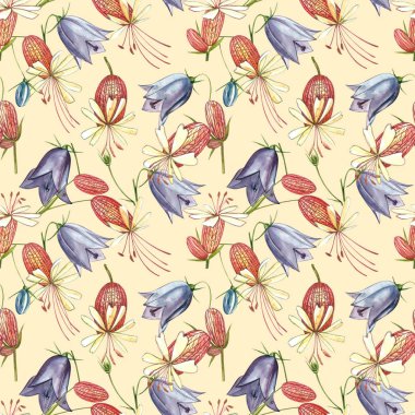 Mesane kampı ve çan çiçekleri. Çiçeklerin suluboya seti, çiçek elementleri, el çizimi botanik çizimler. Kusursuz desenler.