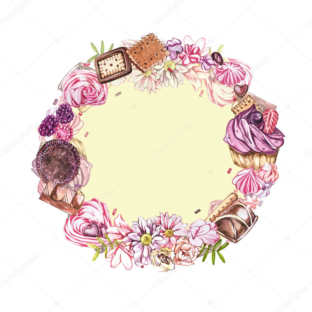 Watercolor image of a wreath of sweets, candies in the shape of hearts, chocolates, cakes and envelope, Valentines Day. Perfect for cards, prints, invitations, birthday cards.
