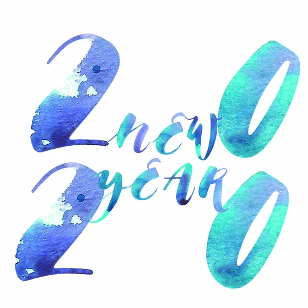 Tahun Baru 2020. Liburan musim dingin huruf tipografi untuk perayaan Tahun Baru 2020. Ilustrasi warna air . — Stok Foto