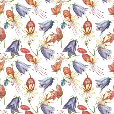 Mesane kampı ve çan çiçekleri. Çiçeklerin suluboya seti, çiçek elementleri, el çizimi botanik çizimler. Kusursuz desenler.