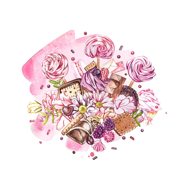 Akvarell édességek gyűjteménye. Édességek, sütemények és borítékok kompozícióinak akvarell képe. Valentin nap. Tökéletes kártyák, ujjlenyomatok, meghívók, születésnapi kártyák. — Stock Fotó