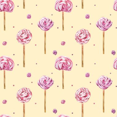 Şekerlerin kusursuz desenlerinin suluboya görüntüsü, kalp şeklinde şekerler, çikolatalar, pastalar ve zarf, Sevgililer Günü. Kartlar, baskılar, davetiyeler, doğum günü kartları için mükemmel..