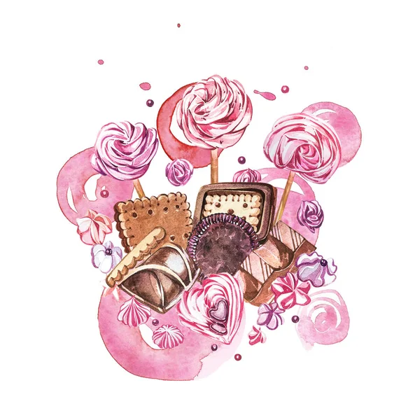 Colección de dulces acuarela. Imagen en acuarela de una composición de dulces, pasteles y sobre. Día de San Valentín. Perfecto para tarjetas, impresiones, invitaciones, tarjetas de cumpleaños . —  Fotos de Stock