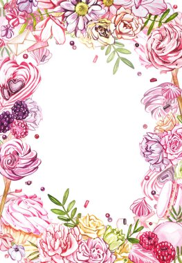 Suluboya şeker koleksiyonu. Tatlı, pasta ve zarftan oluşan suluboya takım tabağı. Sevgililer Günü. Kartlar, baskılar, davetiyeler, doğum günü kartları için mükemmel..