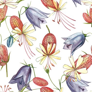 Mesane kampı ve çan çiçekleri. Çiçeklerin suluboya seti, çiçek elementleri, el çizimi botanik çizimler. Kusursuz desenler.