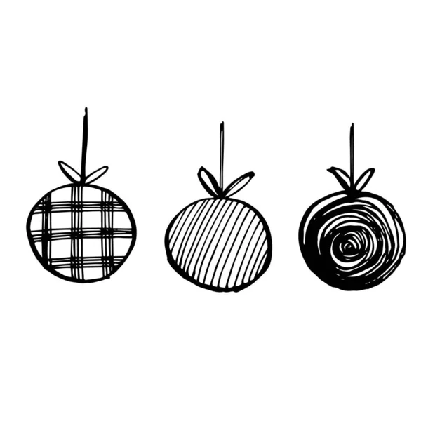 손으로 그린 크리스마스볼 일러스트. 흑백 배경 일러스트 아이콘 Doodle 을 스케치합니다. Xmas balls 카드 초대에 응해 주 세요. 포도 수확기의 예. — 스톡 벡터