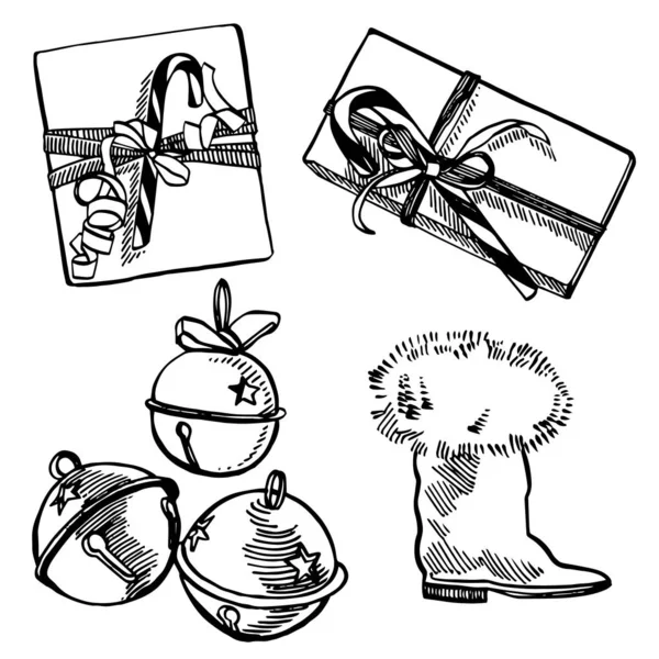 Vánoční dárek, Bells and Boot. Ručně kreslená ilustrace. Nový rok a vánoční designové prvky. Pozvánka na pozdrav s vánoční grafikou. Ročník ilustrace. — Stockový vektor