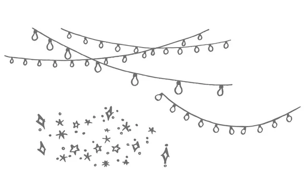 Illustrazione a ghirlanda natalizia disegnata a mano. Schizzo in bianco e nero sfondo illustrazione icona doodle. Biglietto di auguri con lampada natalizia. Illustrazione vintage . — Vettoriale Stock