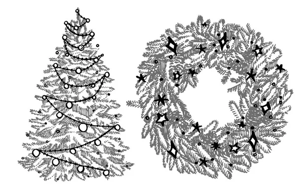 クリスマスツリーと花輪。新年とクリスマスのデザイン要素。xmasグラフィックでグリーティングカードの招待状。ヴィンテージイラスト. — ストックベクタ