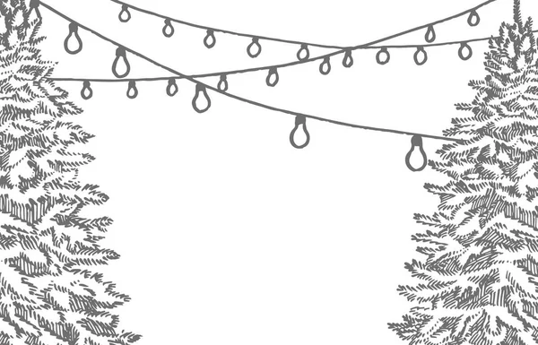 Karácsonyfák és koszorú fehér háttérrel. Újévi és karácsonyi design elemek. Üdvözlőlap meghívó karácsonyi grafikával. Szüreti illusztráció. — Stock Vector