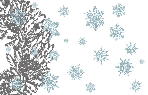 Kransen av grenar av julgranar och snöflingor på vit bakgrund. Nytt år och jul designelement. Gratulationskort inbjudan med xmas grafik. Vintage illustration. — Stock vektor