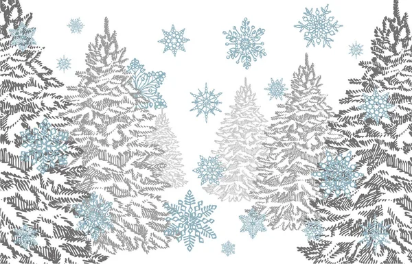 Beyaz arka planda Noel ağaçları ve kar taneleri. Yeni yıl ve Noel tasarım unsurları. Xmas grafikli tebrik kartı davetiyesi. Klasik illüstrasyon. — Stok Vektör