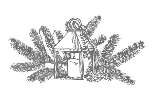 圣诞树和蜡烛的枝条。 新年和圣诞设计元素。 用圣诞图形向卡片邀请函致意. 复古插图. — 图库矢量图片