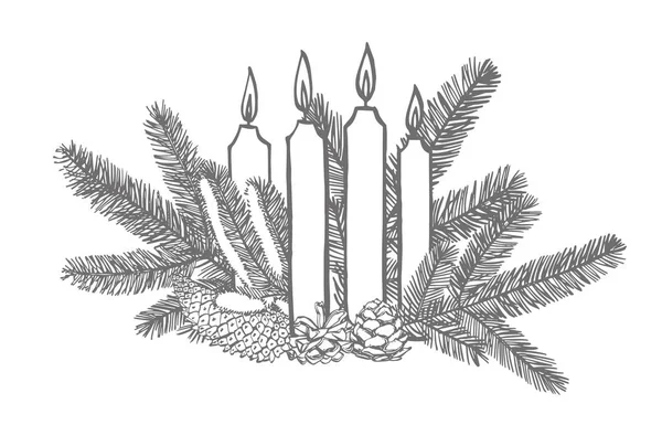 Takken van kerstbomen en kaarsen. Nieuwjaar en kerst design elementen. Wenskaart uitnodiging met kerst grafiek. Vintage illustratie. — Stockvector