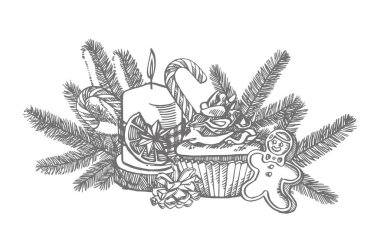 Noel tatlıları, Noel ağaçlarının ve mumların dalları. El çizimi çizimi. Yeni yıl ve Noel tasarım unsurları. Xmas grafikli tebrik kartı davetiyesi. Klasik illüstrasyon.