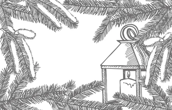 Rami di alberi di Natale e candele. Elementi di design di Capodanno e Natale. Biglietto di auguri con grafica natalizia. Illustrazione vintage . — Vettoriale Stock