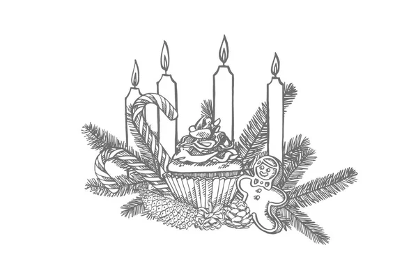 Dolci natalizi, rami di alberi di Natale e candele. Illustrazione disegnata a mano. Elementi di design di Capodanno e Natale. Biglietto di auguri con grafica natalizia. Illustrazione vintage . — Vettoriale Stock