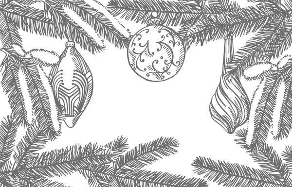 Rami di alberi di Natale e giocattoli dell'albero di Natale. Elementi di design di Capodanno e Natale. Biglietto di auguri con grafica natalizia. Illustrazione vintage . — Vettoriale Stock
