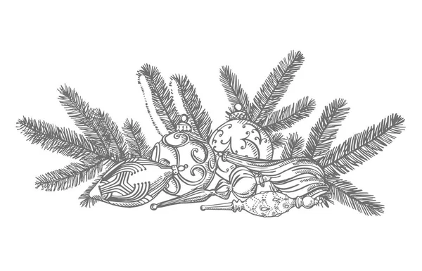 Zweige von Weihnachtsbäumen und Weihnachtsbaumspielzeug. Designelemente für Neujahr und Weihnachten. Grußkarte Einladung mit Weihnachtsgrafik. Jahrgangsabbildung. — Stockvektor