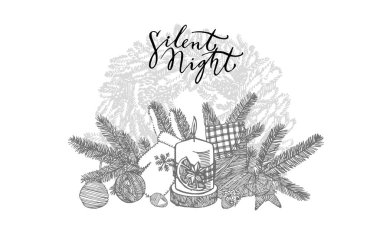 Noel eldiveni, çorap, yıldız ve koni. El çizimi çizimi. Yeni yıl ve Noel tasarım unsurları. Xmas grafikli tebrik kartı davetiyesi. Klasik illüstrasyon.