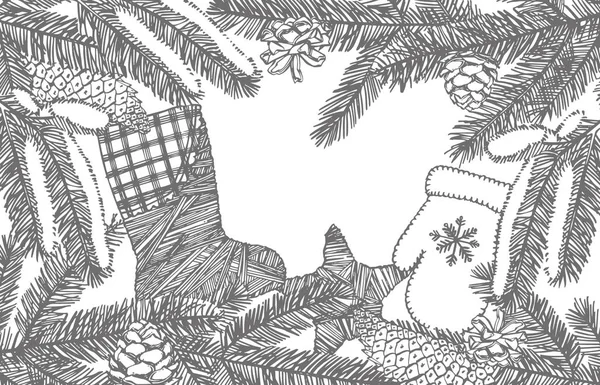 Noel ağaçlarının dalları ve Noel ağacı oyuncakları. Yeni yıl ve Noel tasarım unsurları. Xmas grafikli tebrik kartı davetiyesi. Klasik illüstrasyon. — Stok Vektör