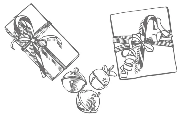 Vánoční dárek, Bells and Boot. Ručně kreslená ilustrace. Nový rok a vánoční designové prvky. Pozvánka na pozdrav s vánoční grafikou. Ročník ilustrace. — Stockový vektor
