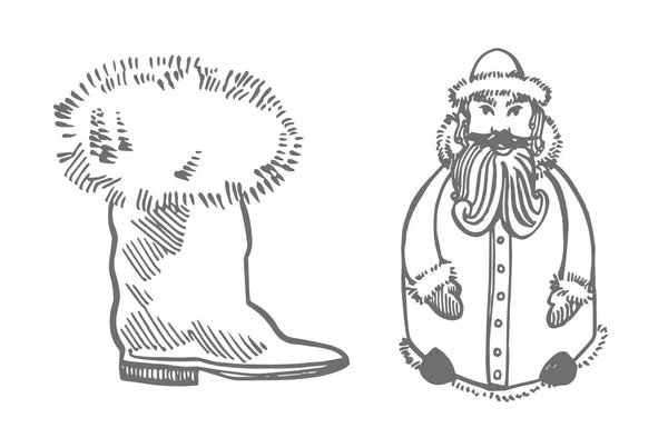 クリスマスのブーツサンタクロース。手描きイラスト。新年とクリスマスのデザイン要素。xmasグラフィックでグリーティングカードの招待状。ヴィンテージイラスト. — ストックベクタ