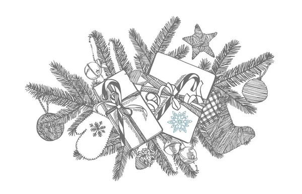 Weihnachtsgeschenk, Glocken und Stiefel. handgezeichnete Illustration. Designelemente für Neujahr und Weihnachten. Grußkarte Einladung mit Weihnachtsgrafik. Jahrgangsabbildung. — Stockvektor