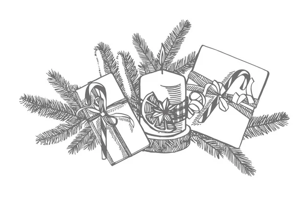 Zweige von Weihnachtsbäumen und Kerzen. Designelemente für Neujahr und Weihnachten. Grußkarte Einladung mit Weihnachtsgrafik. Jahrgangsabbildung. — Stockvektor