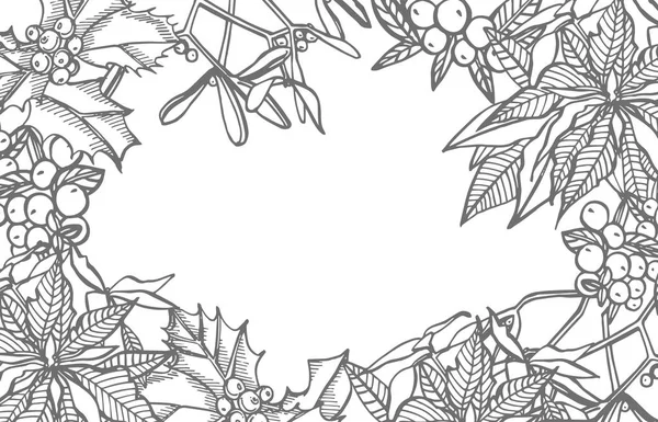 Plantas de invierno de Navidad, flores y bayas. Tarjeta de felicitación con invitación gráfica de Navidad. Ilustración vintage — Archivo Imágenes Vectoriales