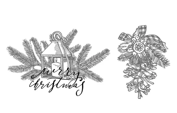 Рождественский набор. Ветви елки и свечи. Новогодние и рождественские элементы дизайна. Приглашение с рождественской графикой. Винтажная иллюстрация . — стоковый вектор