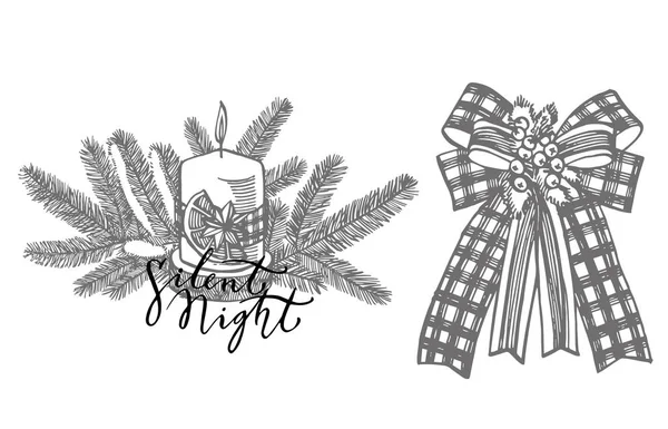 Set di Natale. Rami di alberi di Natale e candele. Elementi di design di Capodanno e Natale. Biglietto di auguri con grafica natalizia. Illustrazione vintage . — Vettoriale Stock