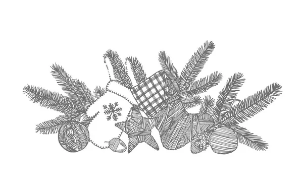 Рождественская варежка, носок, звезда и конус. Ручной рисунок. Новогодние и рождественские элементы дизайна. Приглашение с рождественской графикой. Винтажная иллюстрация . — стоковый вектор