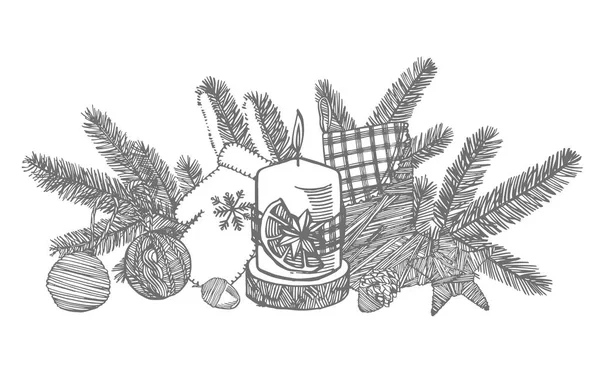 Morso, calzino, stella e cono natalizi. Illustrazione disegnata a mano. Elementi di design di Capodanno e Natale. Biglietto di auguri con grafica natalizia. Illustrazione vintage . — Vettoriale Stock