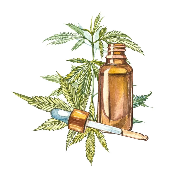 CBD oil hemp products. Watercolor illustration on white background. — 스톡 사진