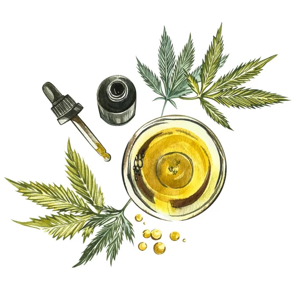 Cbd Öl Hanfprodukte. Aquarell-Illustration auf weißem Hintergrund. gut für Kosmetik, Medizin, Behandlung, Aromatherapie, Pflege, Verpackungsdesign. Satz von Zeichnung florale Elemente, Aquarell botanischen — Stockfoto