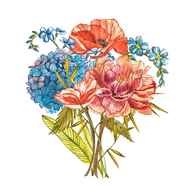 Aquarellstrauß mit Piones, Vergissmeinnicht-Blumen, Mohn und Hidrungea. Wildblume vereinzelt auf weiß gesetzt. botanische Aquarell-Illustration, rustikale Blumen. gut für Kosmetik, Medizin, Behandlung — Stockfoto