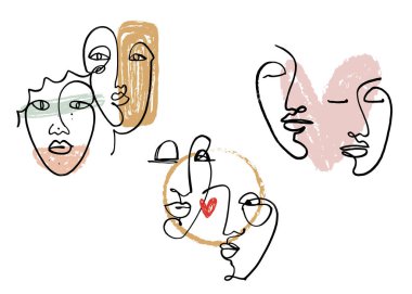 Basit bir el çizimi siyah beyaz çizgi portresi sanatla yüzleşir. Giysiler, tekstil ve diğerleri için renk izi. Vektör illüstrasyonu, EPS