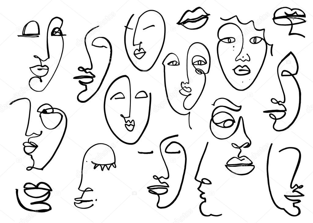 Line drawn black and white trendy face silhouette. Abstract contour. Print for clothes, textile and other. Color print for clothes, textile and other. Vector illustration, EPS