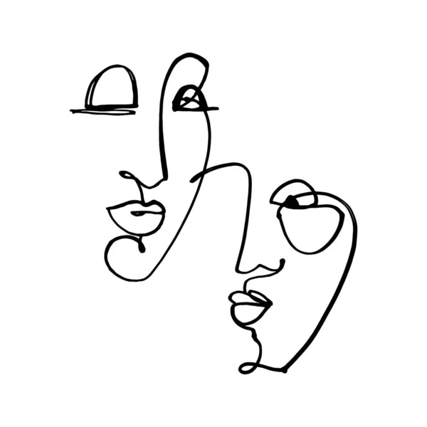 Abstracte mode Artistieke portret geschilderde illustratie van mensen gezichten silhouet paar een lijn Tekenen Abstractie Moderne esthetische afdrukken Minimalisme Interieur Contour Handgetekend Lineart Continu. — Stockvector