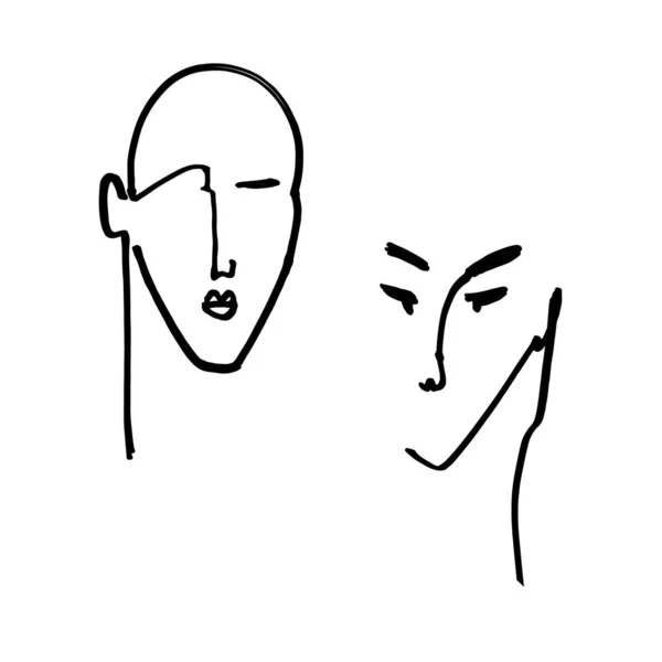 Simple dessin à la main noir et blanc ligne tendance portrait visages art. Impression couleur pour vêtements, textiles et autres. Illustration vectorielle, EPS — Image vectorielle