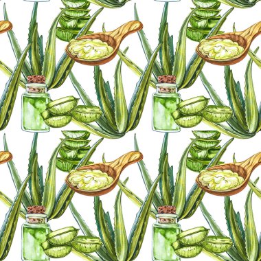 Ahşap kaşıkta aloe jeli yeşil aloe vera yaprağı. Suluboya agave, aloe vera, sulu, yeşil bitki. Aloe Vera 'nın botanik suluboya resmi. Kusursuz desenler.