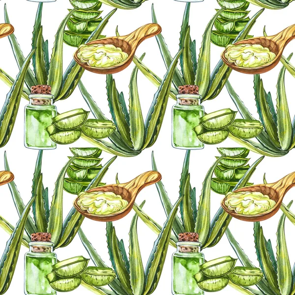 Green fresh aloe vera leaf with aloe gel in wooden spoon. Watercolor agave, aloe vera,succulent, green plant. Botanical watercolor illustration of Aloe Vera. Seamless patterns. — Stock Photo, Image