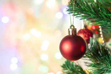 Noel süsü. Çam dallarına kırmızı toplar asmak Noel 'de