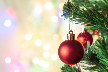 Noel süsü. Çam dallarına kırmızı toplar asmak Noel 'de