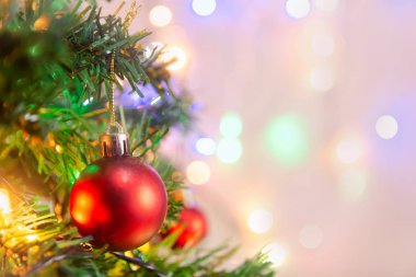 Noel süsü. Çam dallarına kırmızı toplar asmak Noel 'de