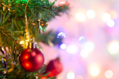 Noel süsü. Çam dallarına kırmızı toplar asmak Noel 'de