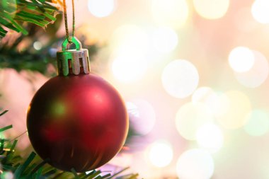 Noel süsü. Çam dallarına kırmızı toplar asmak Noel 'de