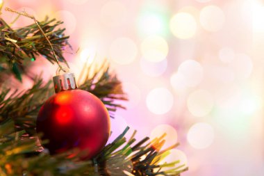 Noel süsü. Çam dallarına kırmızı toplar asmak Noel 'de