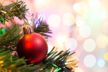 Noel süsü. Çam dallarına kırmızı toplar asmak Noel 'de